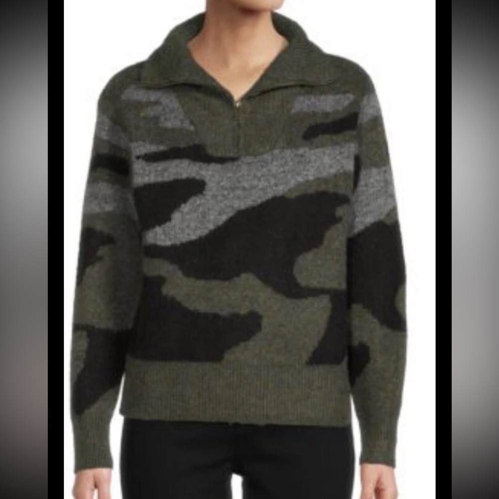 Anthropologie RD Style Pullover Green Camo 1/4 Zip Sweater Size XS Chunky Warm